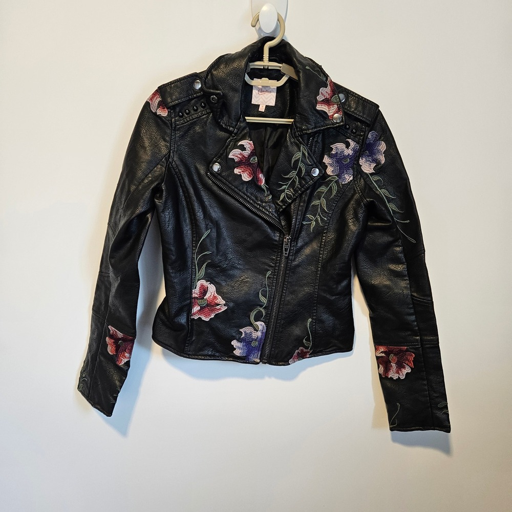 Black Moto Jacket Size S Faux Leather Floral Embroidered Edgy Y2K Goth Punk